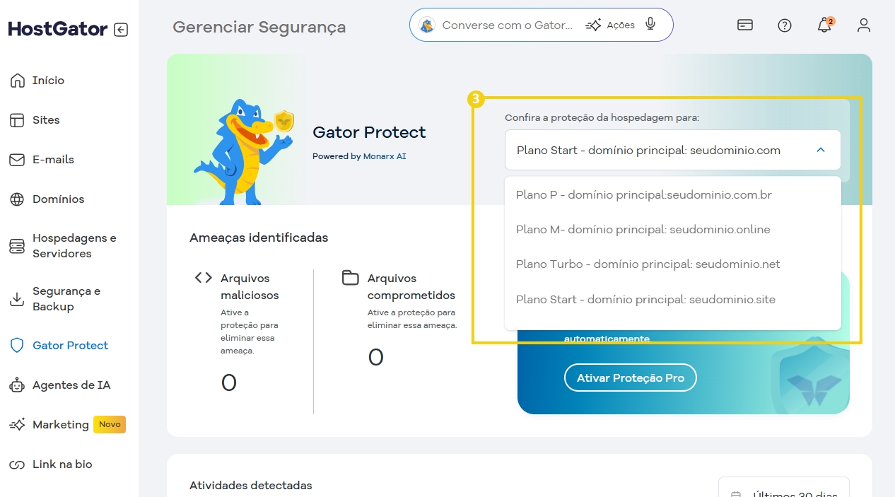 Tela do Gator Protect mostrando opções de proteção de hospedagem para domínios como sedominio.com, sedominio.com.br, sedominio.online, sedominio.net e sedominio.site.