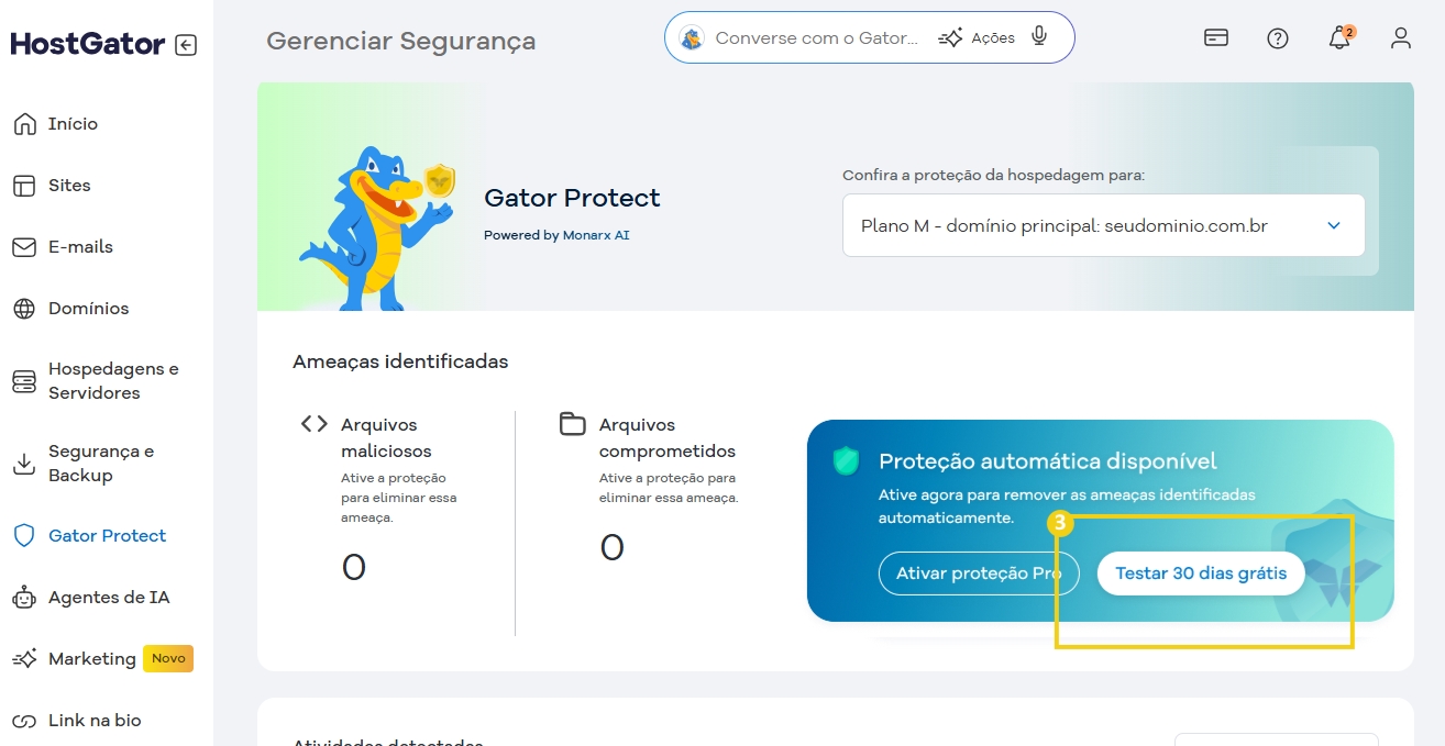 Interface do Gator Protect da HostGator para gerenciamento de segurança, destacando opções para ativar e testar proteção automática.