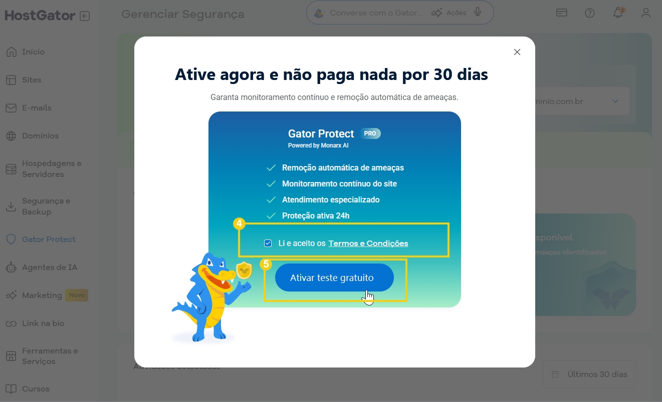 Imagem ilustrativa de um alerta de segurança na plataforma de gerenciamento de sites Gator para ativar o monitoramento contínuo e proteção contra ameaças com Gator Protect.