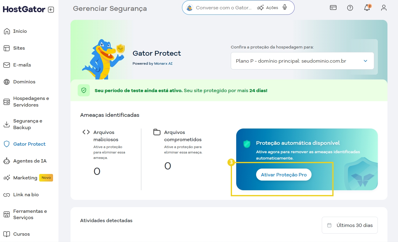 Tela do painel de gerenciamento do Gator Protect, sistema de proteção contra ameaças na internet, com destaque para o botão de ativar proteção Pro e o aviso de período de teste ativo. 