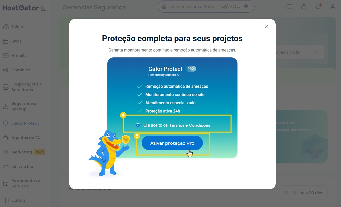 Tela de proteção de segurança do Gator Protect com opções de remoção automática de ameaças, monitoramento contínuo, suporte especializado e ativação de proteção 24h.