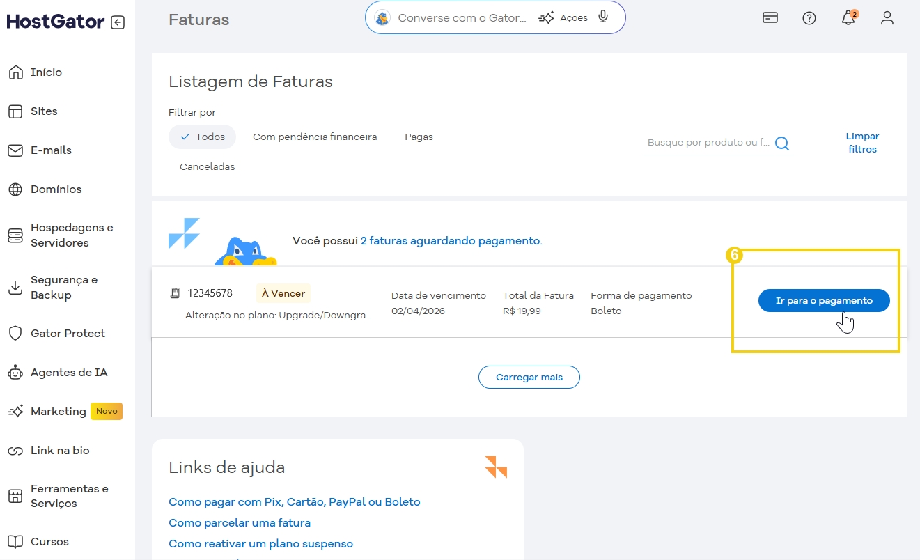 Tela de gerenciamento de faturas no painel do HostGator, mostrando faturas pendentes e opções de pagamento para usuários.