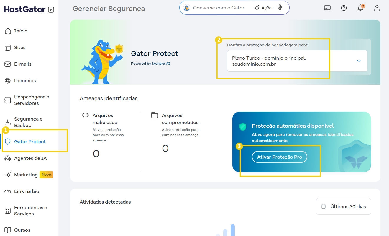 Tela de gerenciamento de segurança do HostGator, destacando a opção Gator Protect para proteção automática de ameaças na hospedagem de sites.