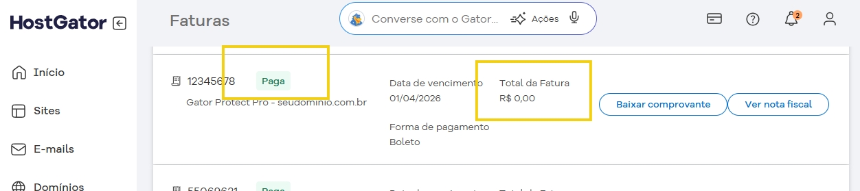 Imagem de uma tela de sistema de faturamento online no HostGator, mostrando detalhes de uma fatura sem valor, com opções para baixar comprovante e ver nota fiscal.