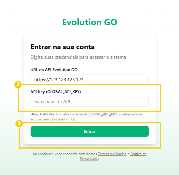Imagem mostra a tela de login do Evolution GO, com marcação no campo para informar a API Key e em seguida a marcação no botão "Entrar"