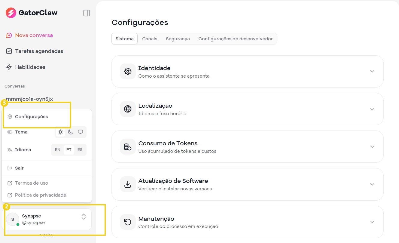 Configuração do sistema no painel de controle da plataforma GatorClaw, incluindo identidade, localização, consumo de tokens, atualização de software e manutenção.