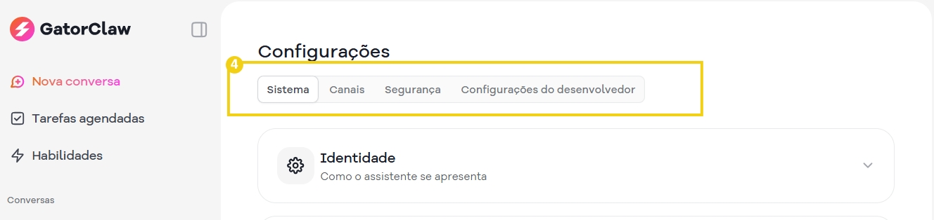 Imagem mostrando configurações de sistema na plataforma GatorClaw, com destaque para as opções de cadastro de canais, segurança e configurações do desenvolvedor, ideal para quem busca otimizar a gestão do sistema de forma eficiente.