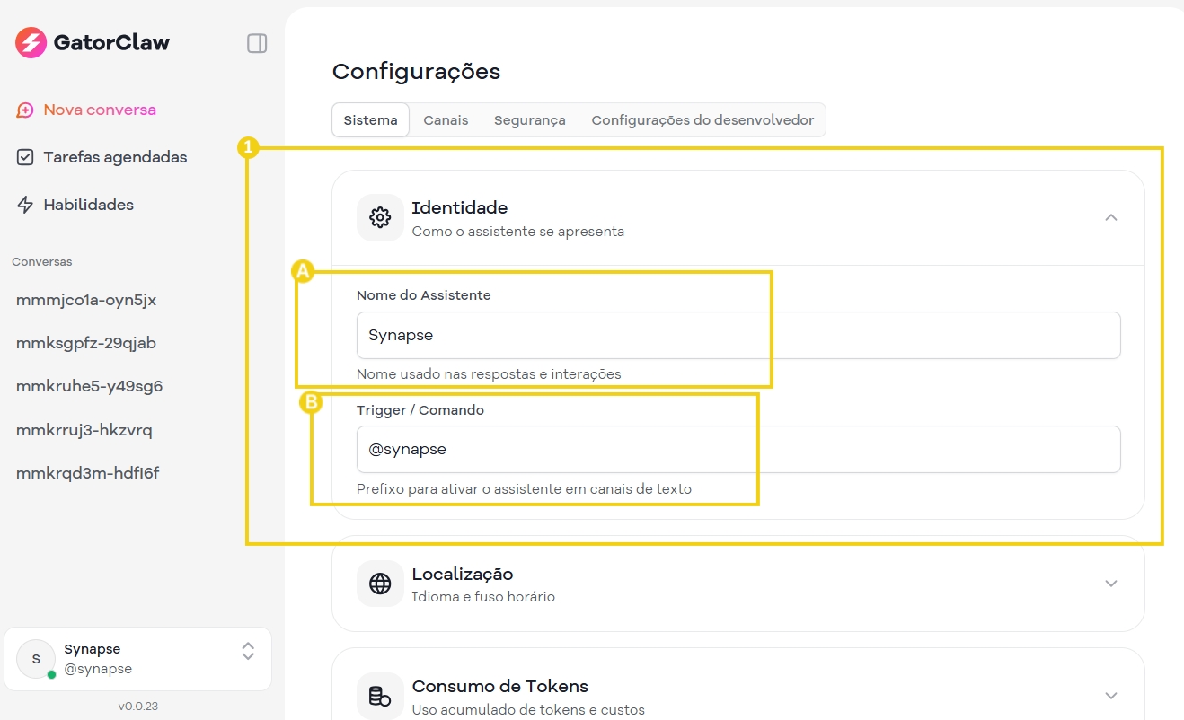 Imagem mostrando a configuração do assistente virtual Synapse na plataforma GatorClaw, com destaque para a seção de identidade e comandos. Ideal para quem deseja personalizar seu chatbot com GatorClaw para melhorar a experiência do cliente e otimizar a estratégia de atendimento digital.