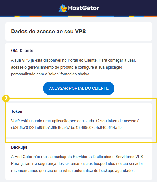 Imagem mostra o e-mail enviado pela HostGator com os dados de acesso do plano VPS