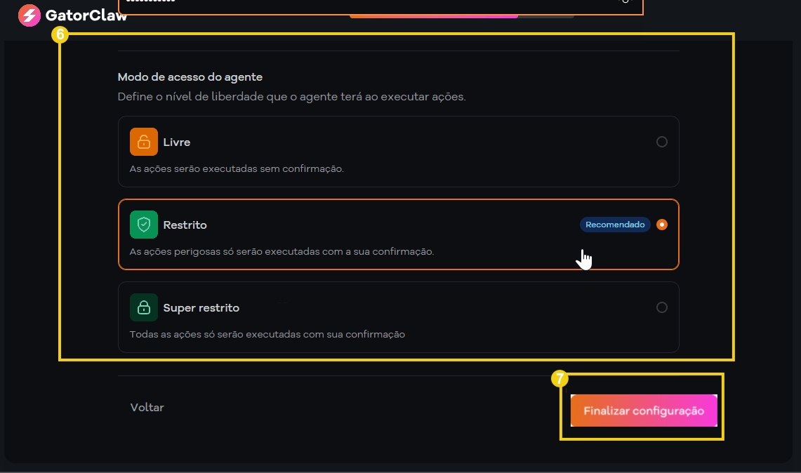 Imagem de configuração de acesso restrito no painel do GatorClaw, com opções de modo de acesso, destacando a opção 'Restrito' como recomendada, e botão 'Continuar' ao fundo.