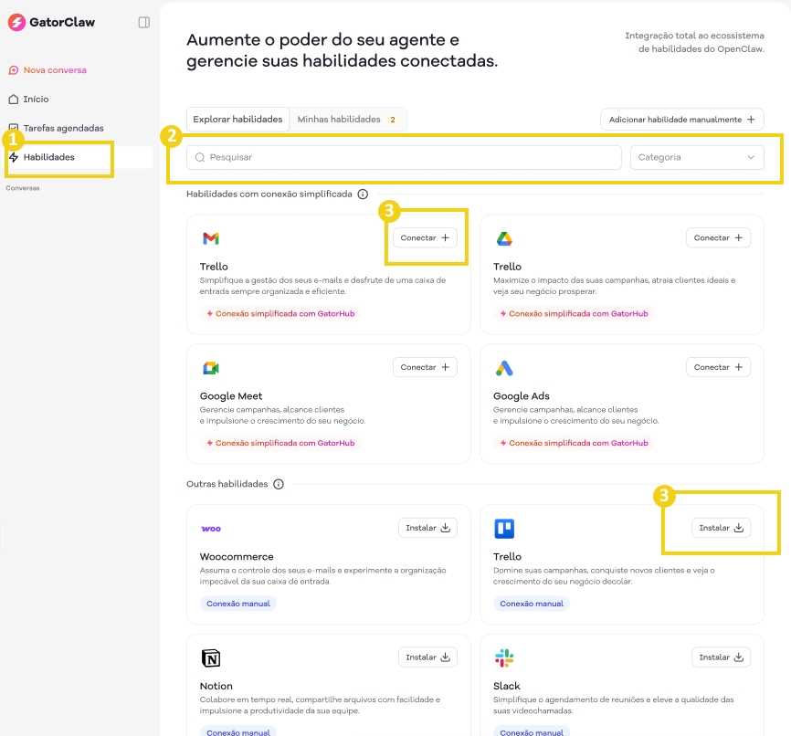 Imagem de uma plataforma de gerenciamento de habilidades, mostrando opções de habilidades disponíveis e instaladas, com destaque para os botões de instalação de plugins.