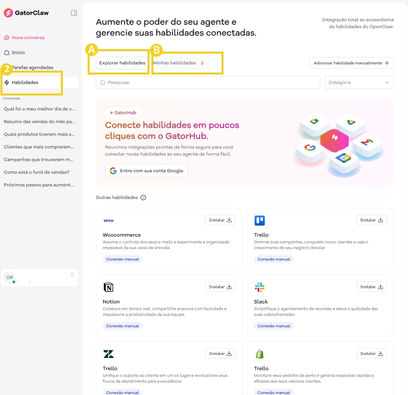 Imagem de uma plataforma de gerenciamento de habilidades, mostrando opções de habilidades disponíveis e instaladas, com destaque para os botões de instalação de plugins.