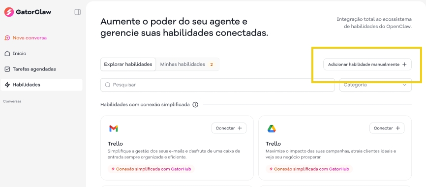 Imagem de uma plataforma de gerenciamento de habilidades, mostrando opções de habilidades disponíveis e instaladas, com destaque para os botões de instalação de plugins.