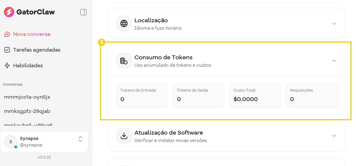 Imagem que mostra uma tela de um sistema de gerenciamento de tokens, onde é possível visualizar se há consumo, entrada, saída e custo total de tokens, com destaque na seção de consumo de tokens.