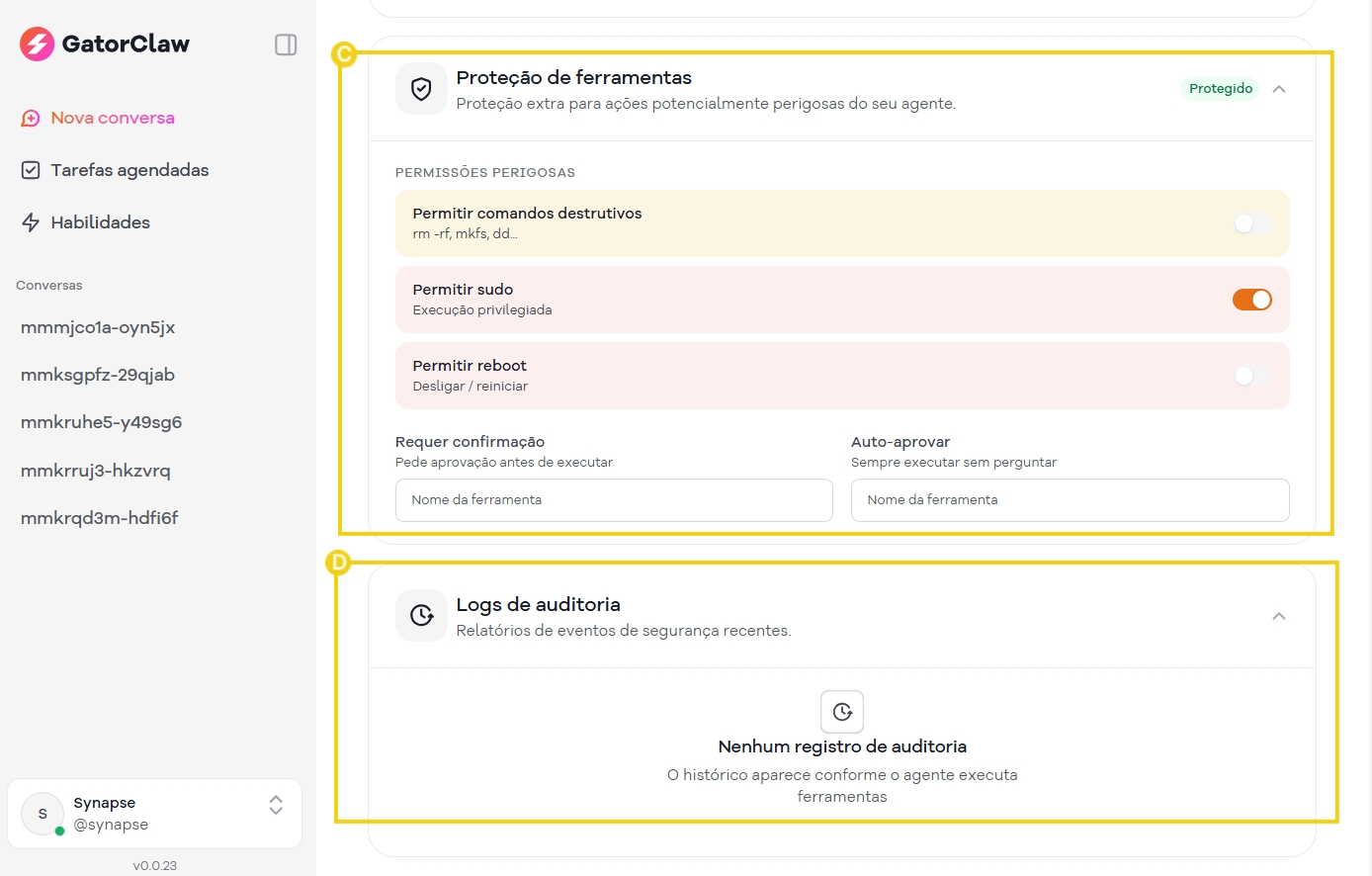 Imagem de ajustes de permissão de ferramentas no painel de segurança do GatorClaw, destacando configurações de proteção, permissões perigosas e logs de auditoria para garantir maior segurança digital.