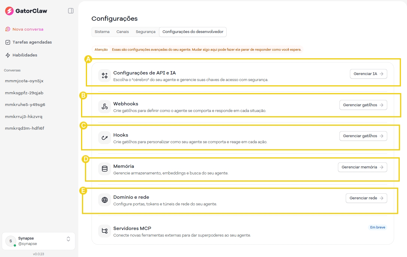Imagem mostrando diversas configurações de API, Webhooks, Hooks, memória, domínio e rede em uma tela de administração de sistema.
