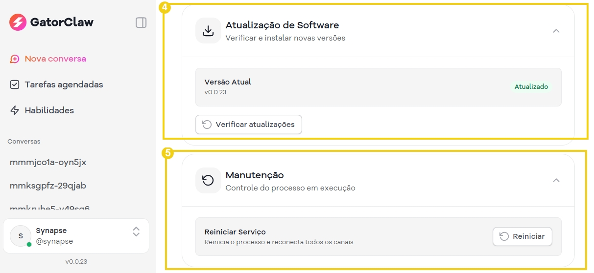 Imagem mostrando a interface do software GatorClaw, com atualização de software e manutenção do sistema, destacando recursos de gerenciamento de tarefas e controles de processo.