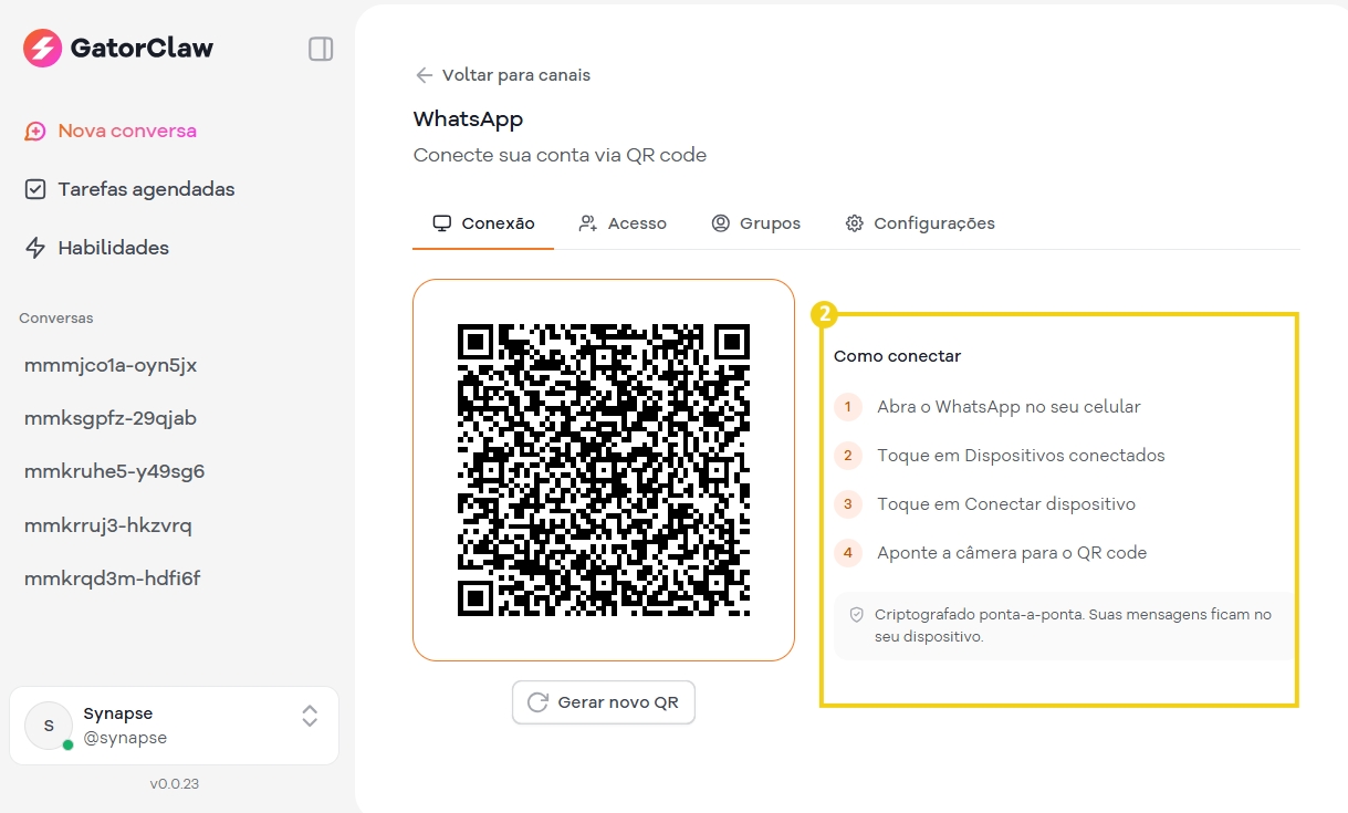 Instruções passo a passo para conectar seu WhatsApp via QR code usando o GatorClaw, incluindo abrir o aplicativo, tocar em dispositivos conectados e escanear o código.