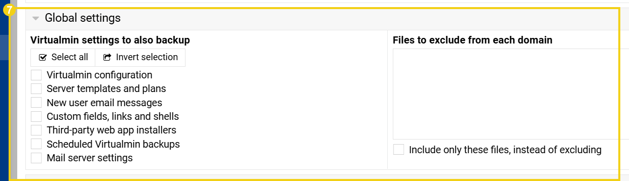 Imagem mostra a tela para criar o agendamento de backup, com marcação na primeira seção "Global settings"