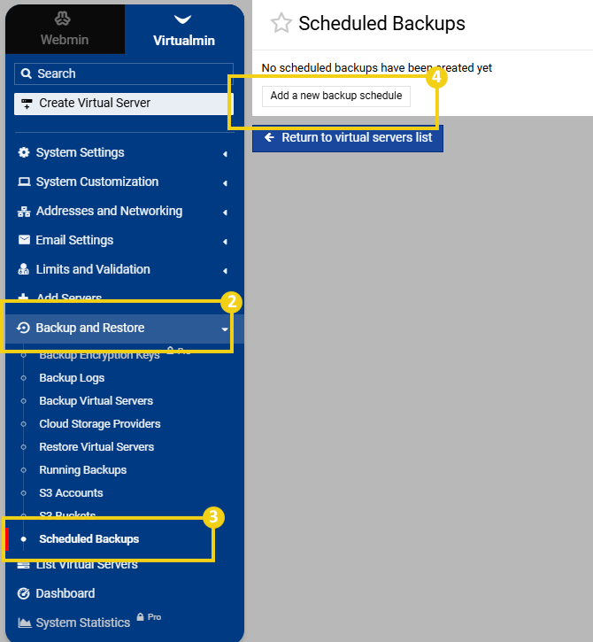 Imagem mostra a tela do painel do Virtualmin/Webmin com a marcação em "Backup and Restore", depois em "Schedule backup" e por último em "Add a new backup scheule"