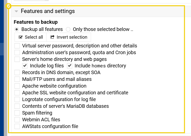 Imagem mostra a tela para criar o agendamento de backup, com marcação na primeira seção "Features and settings"