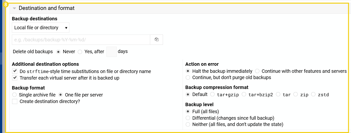Imagem mostra a tela para criar o agendamento de backup, com marcação na primeira seção "Destination and format"