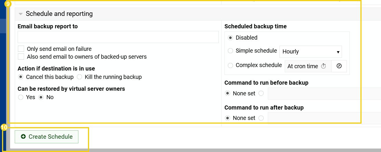 Imagem mostra a tela para criar o agendamento de backup, com marcação na primeira seção "Schedule&nbsp;and&nbsp;reporting"