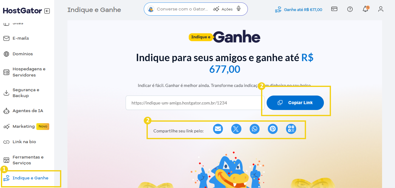 Página do HostGator mostrando a funcionalidade de indicar e ganhar dinheiro compartilhando links com amigos, destaque para o botão 'copiar link' e opções de compartilhamento.