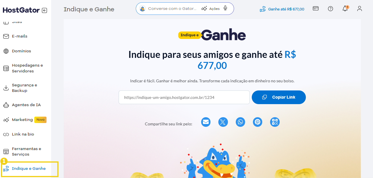 Imagem mostra Portal do Cliente HostGator, destacando opção "Indique e Ganhe"