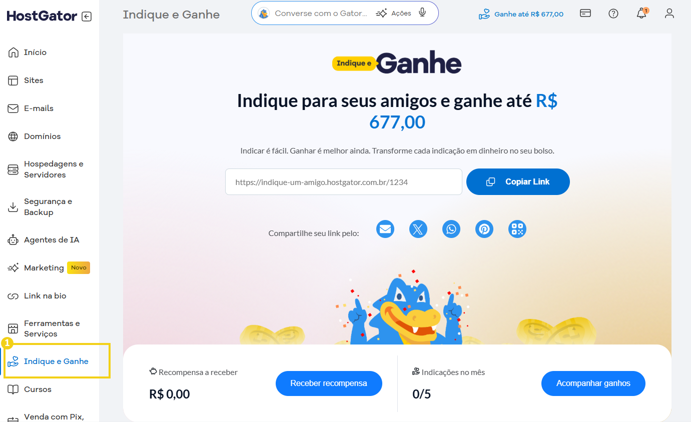 Imagem mostra Portal do Cliente HostGator, destacando opção "Indique e Ganhe"