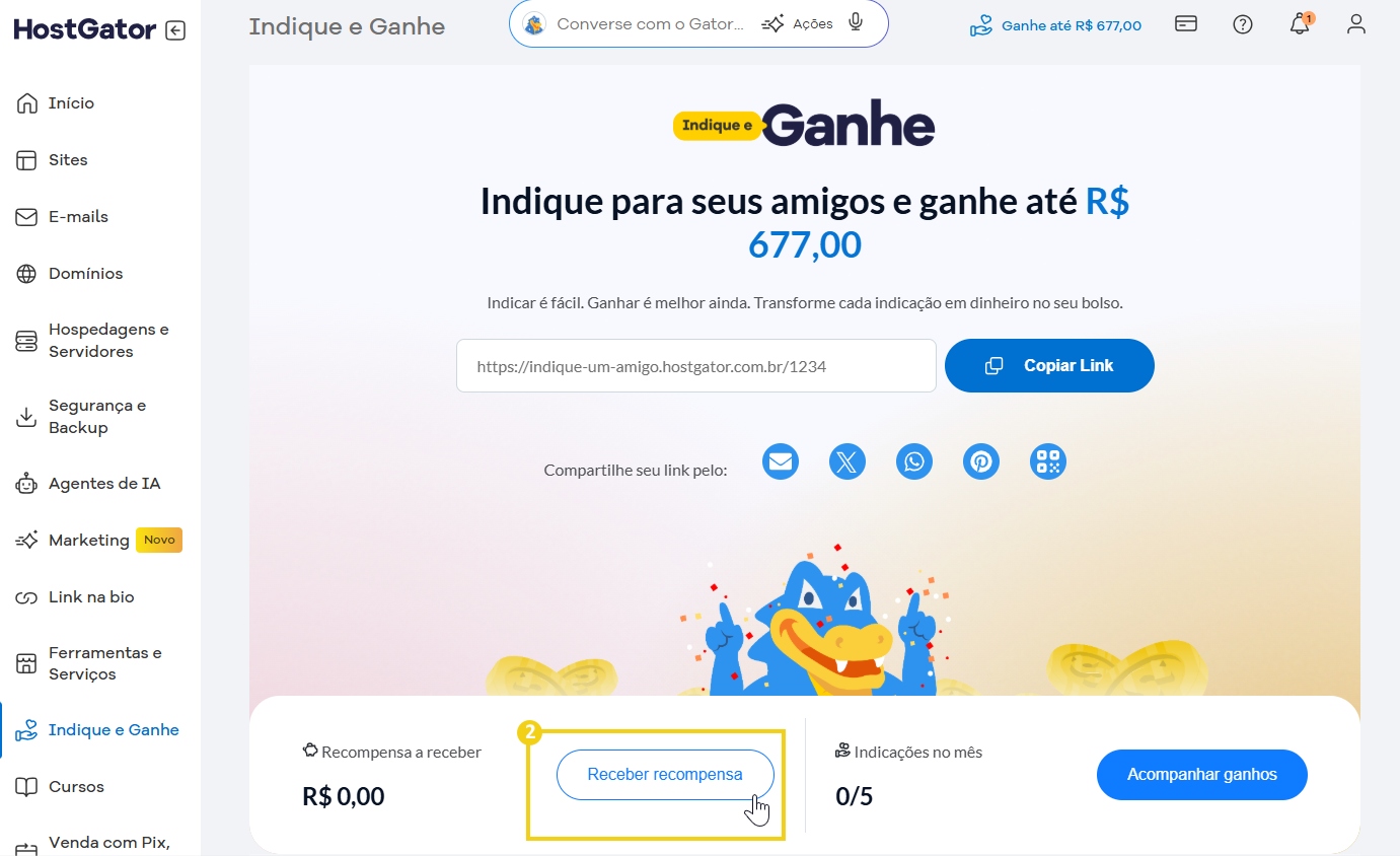 Imagem mostra Portal do Cliente HostGator, na página do programa Indique e Ganhe, destacando opção "receber recompensa"