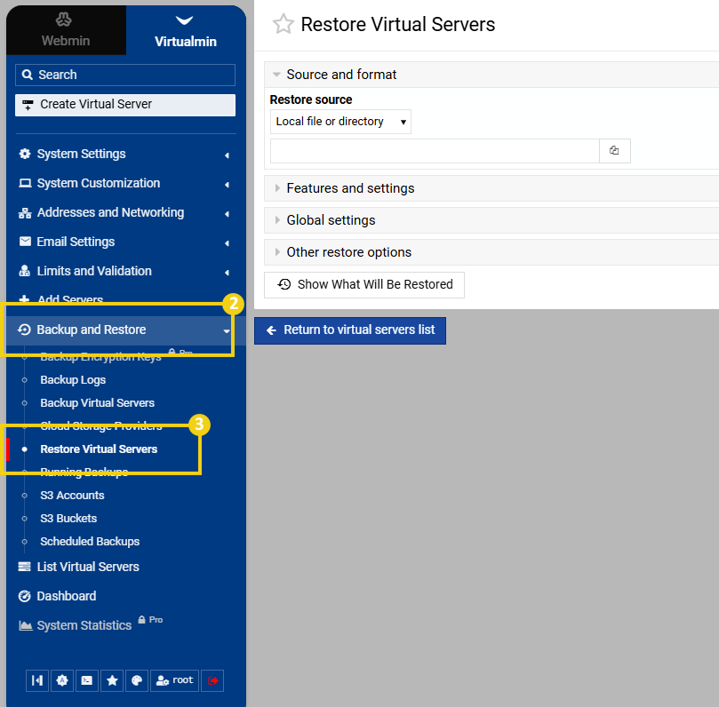 Imagem mostra a tela do painel&nbsp;Virtualmin&nbsp;com a marcação no menu lateral em “Backup&nbsp;and&nbsp;Restore” e em seguida em “Restore&nbsp;Virtual Servers”&nbsp;