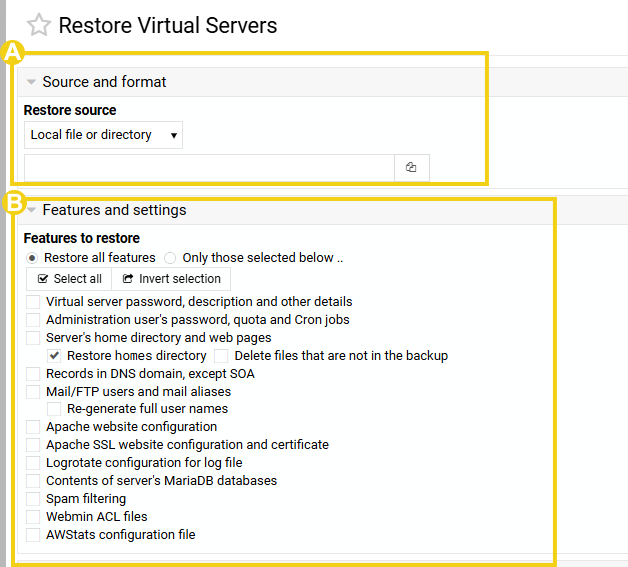 Imagem mostra a tela&nbsp;do&nbsp;Virtualmin, na área&nbsp;para configurar as seções de “Fonte e formato” e “Recurso e configurações”