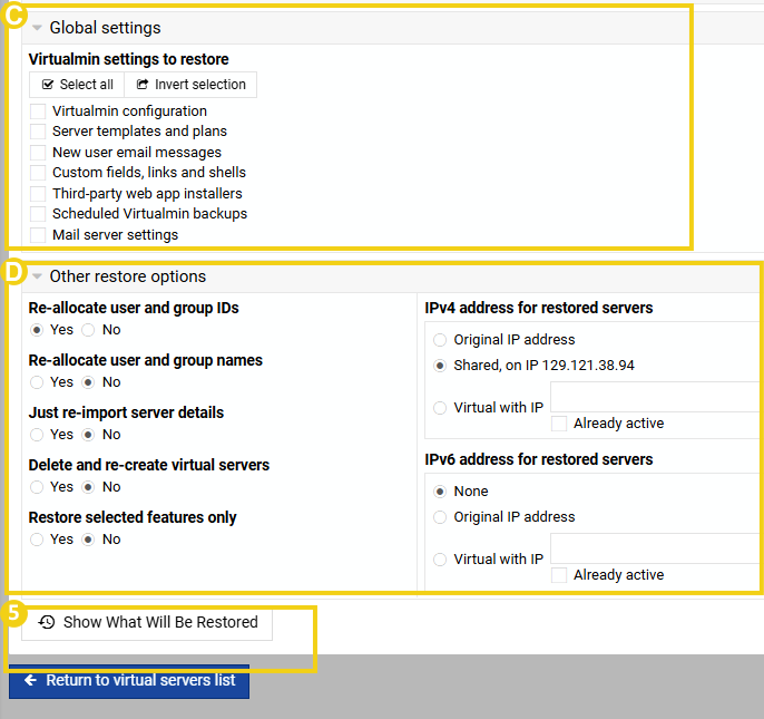 Imagem mostra a tela do&nbsp;Virtualmin, na área para configurar as seções de “Configurações globais”, “Outras opções de restauração”&nbsp;e a marcação no botão “Mostrar o que será restaurado”