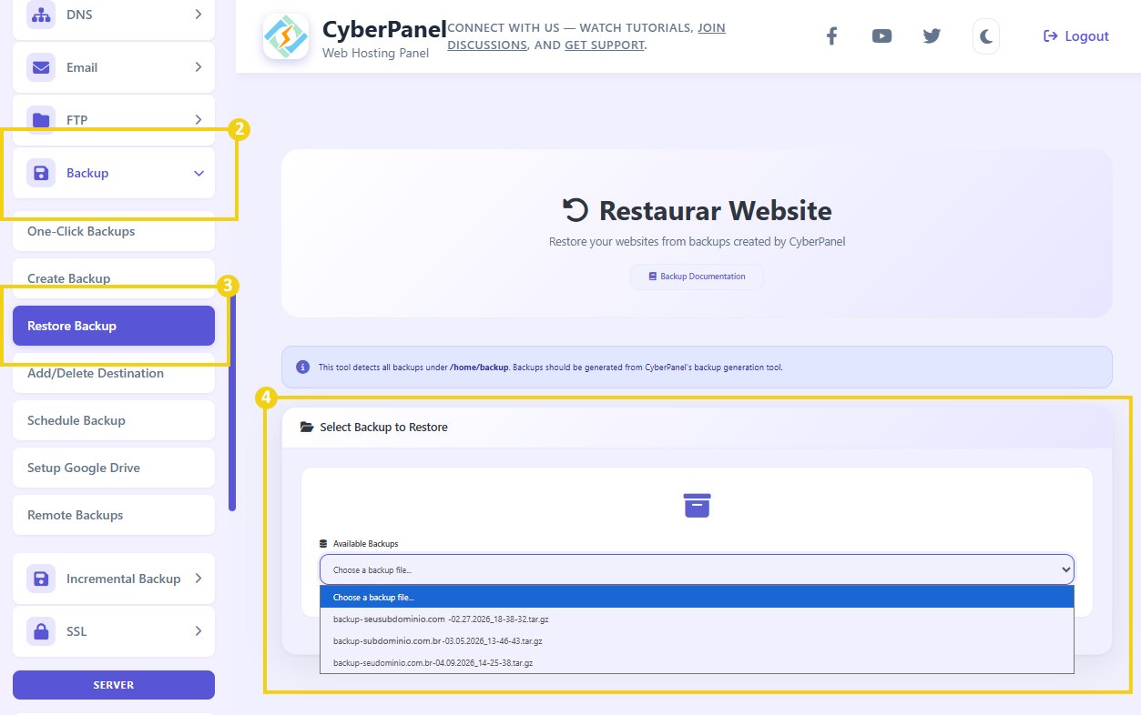 Imagem mostra a tela do&nbsp;CyberPanel&nbsp;com a marcação no menu lateral em “Backup”, em seguida em “Restore&nbsp;Backup” e na tela da restauração a marcação no arquivo que deve ser selecionado para restaurar