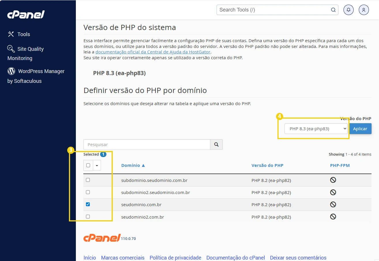 Imagem da interface de configuração do cPanel para alteração da versão do PHP no sistema, destacando o menu de seleção de versão e a seleção de domínio