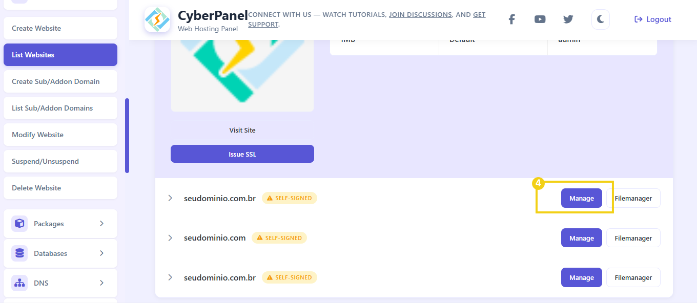 Imagem mostra painel CyberPanel destacando a opção Manage, na página de websites