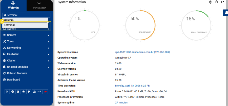 Imagem mostra painel do Webmin, destacando o campo de busca com a palavra "terminal" digitada