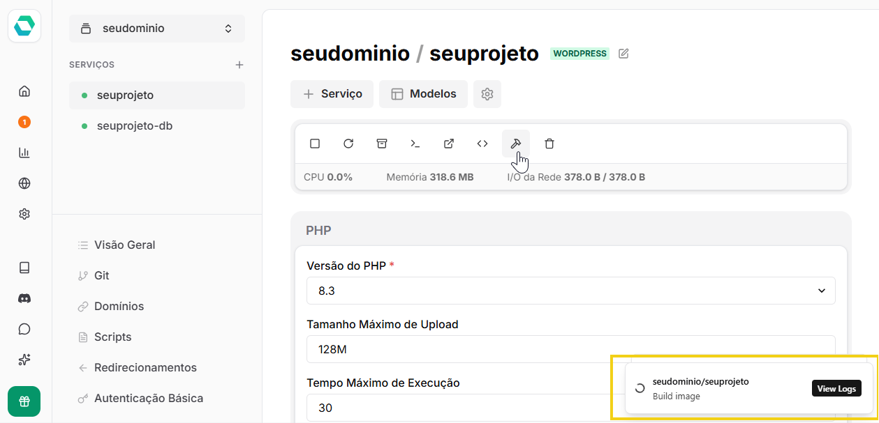 Imagem mostra o pop up indicando o processo de reconstrução da imagem no EasyPanel