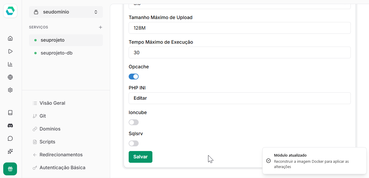 Imagem mostra pop up indicando sucesso na alteração de PHP no painel EasyPanel