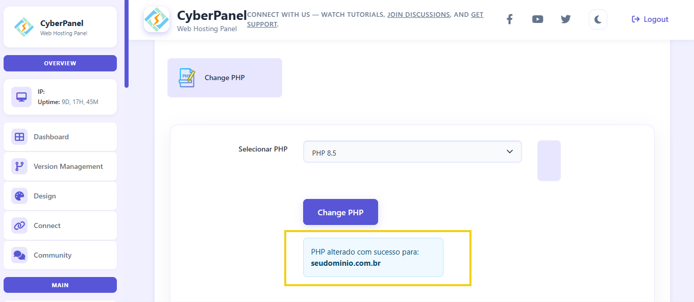 Mensagem de sucesso após alteração de PHP no painel do CyberPanel