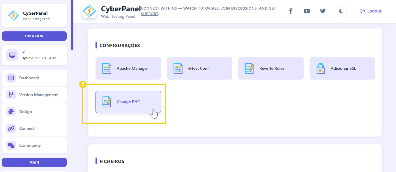 Imagem mostra painel CyberPanel destacando a opção Change PHP, na página de websites