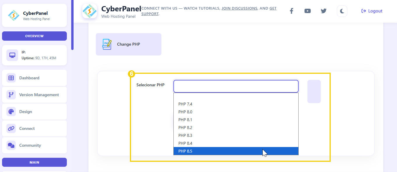 Imagem mostra painel CyberPanel destacando a listagem de versões da página "Change PHP"