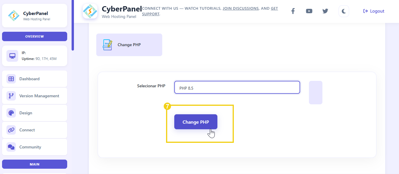 Imagem mostra painel CyberPanel destacando a opção Change PHP, na página de alteração do PHP