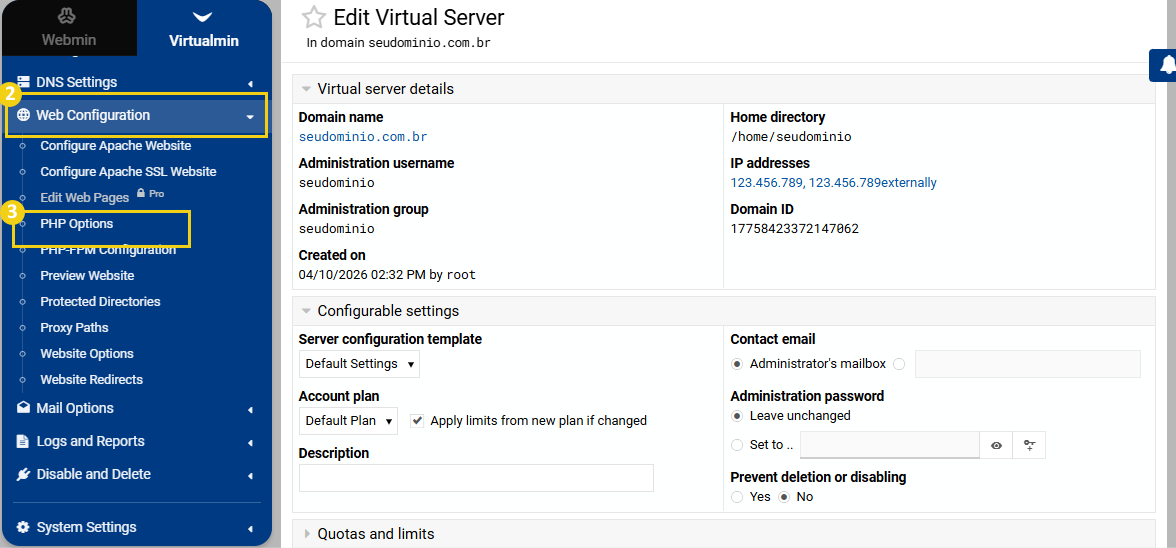 Imagem mostra menu lateral do Webmin destacando as opções Web Configuration e PHP Options