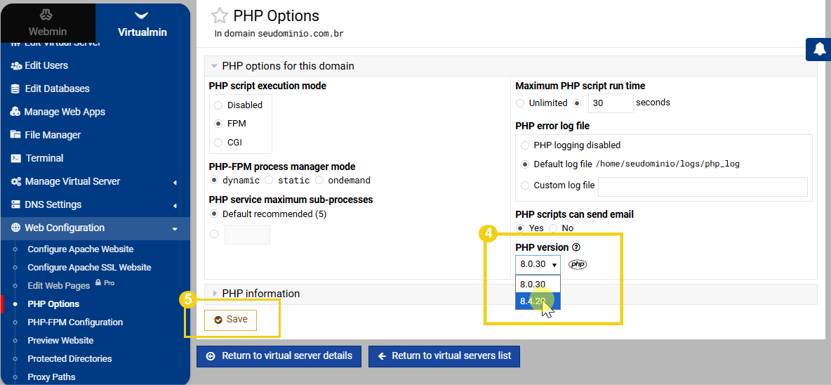 Imagem mostra campo de seleção de versões de PHP destacado e também o botão "Save"