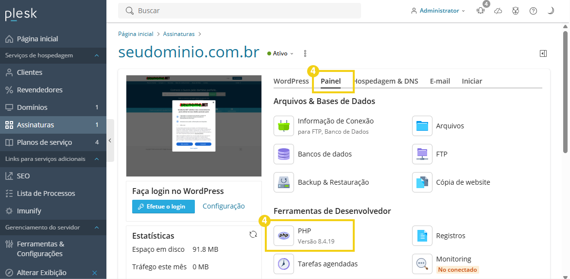 Imagem mostra painel Plesk, com destaque a opção Painel e PHP