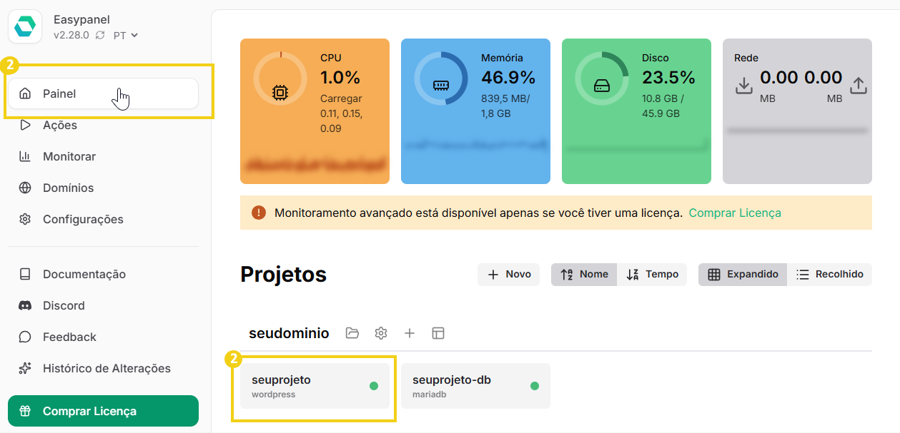Imagem mostra o painel do EasyPanel, destacando a opção Painel do menu lateral
