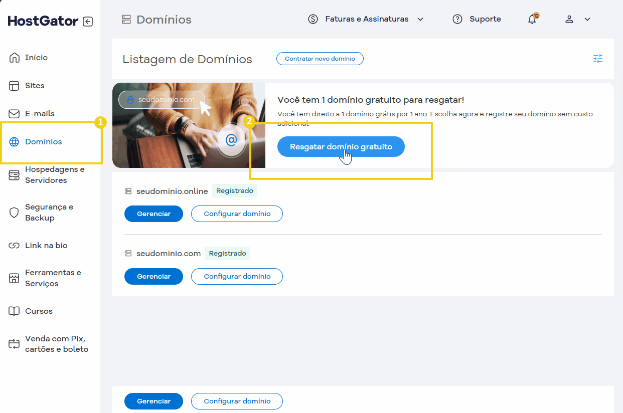 Tela de painel do HostGator promovendo criação de sites em minutos com WordPress e inteligência artificial.