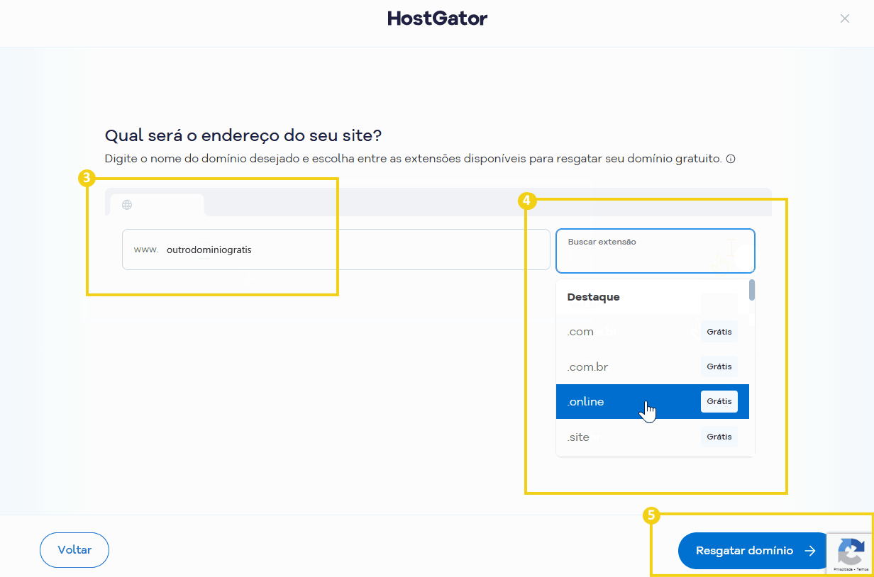 Imagem mostra o fluxo para resgate do domínio gratuito